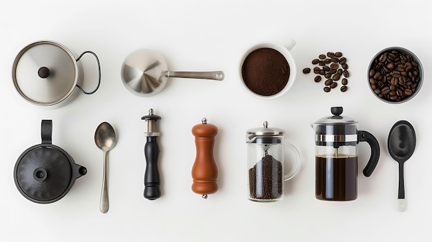 Photo coffee making equipment and ingredients flat lay