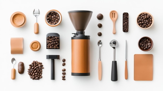 Photo coffee making supplies flat lay with grinder beans and utensils