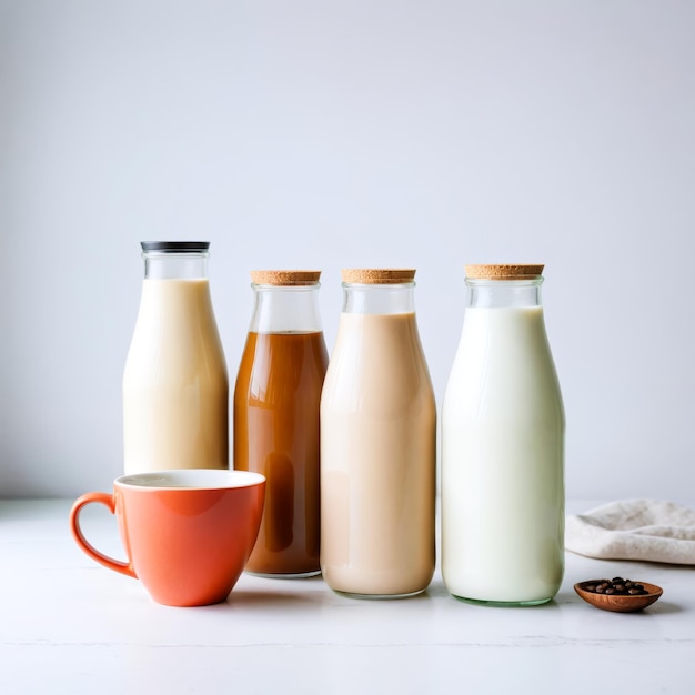 Photo coffee milk bottle tea on white background