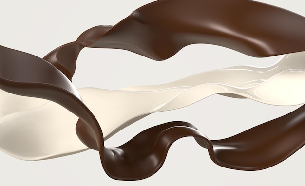 Coffee and milk streams chocolate and dairy mix waves of hot choco and cream 3d render White brown liquids swirls with splashes graphic elements on abstract background pattern