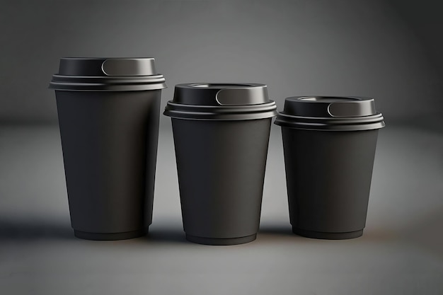 Coffee mockup close up view of set of three black cardboard cups