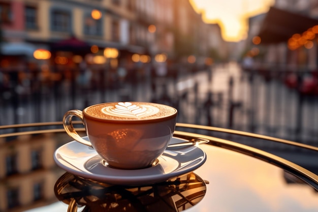 Coffee mockup on table with blurred urban background AI generated