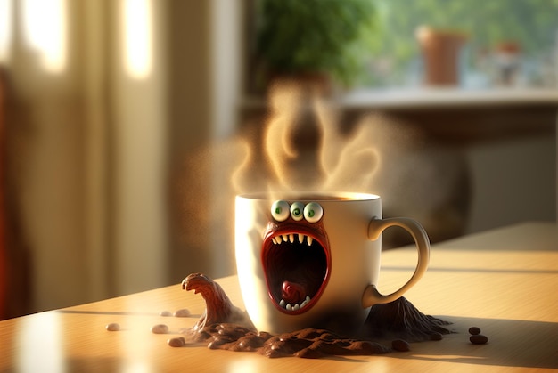 Coffee monster with crazy eyes Cute character with caffeine energy very excited Generated AI