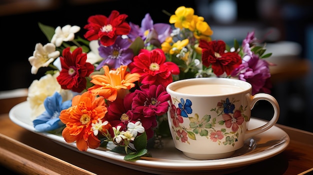 A coffee mug balanced atop a dish with colorful flower arrangements