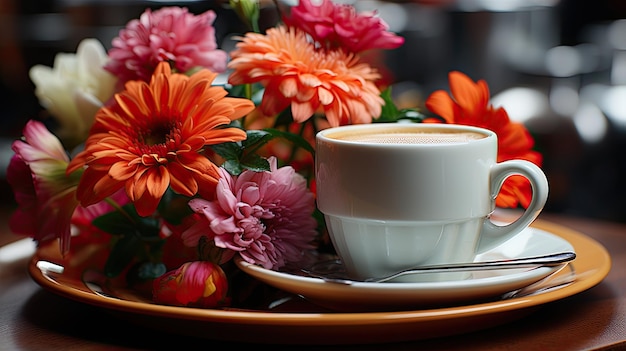 A coffee mug balanced atop a dish with colorful flower arrangements