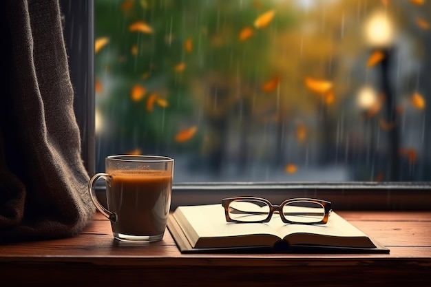 Coffee mug book near window in autumn Generative AI