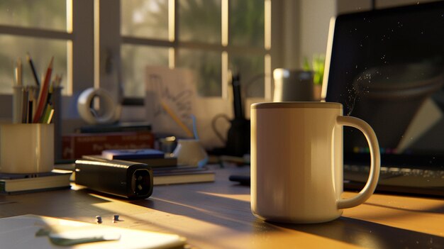 Photo coffee in a mug on a busy work desk realistic