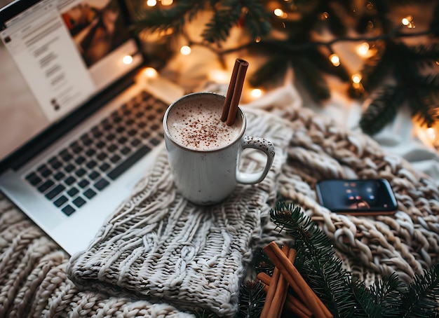 a coffee mug is sitting on a knitted blanket next to a laptop