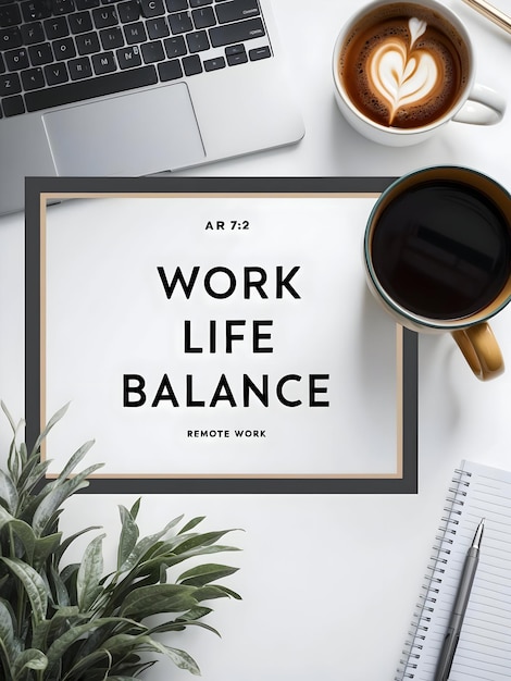 Photo coffee mug and laptop with work life balance text in a border frame with copy space concept as camer