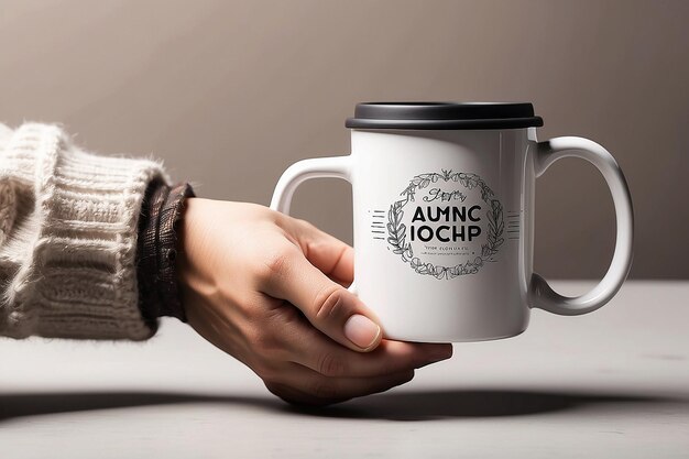 Photo coffee mug mockup with arm