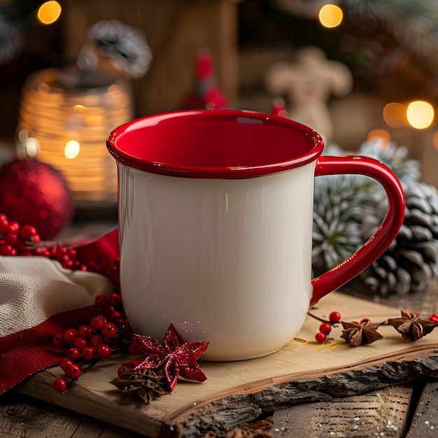 Photo a coffee mug in red and white colors in a christmas enviroment