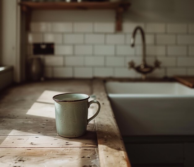 Photo coffee mug on rustic kitchen counter with sunlight streaming in