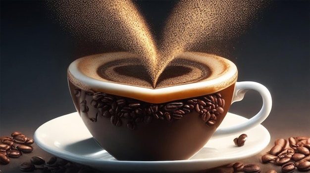 Coffee in a mug shape of a heart in the coffee