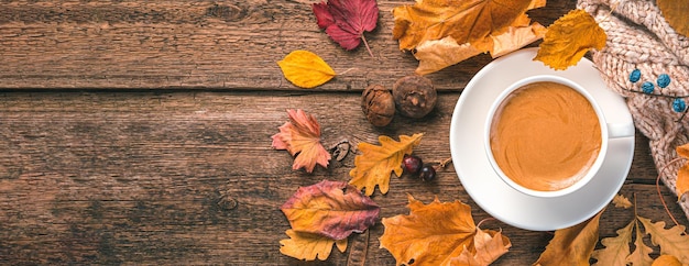 Coffee mug sweater and foliage on a wooden background Top view copy space