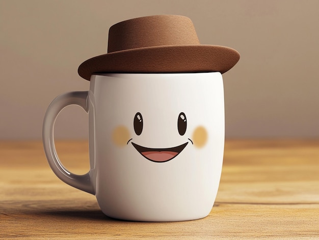 Photo a coffee mug with a brown hat on it with a smile face