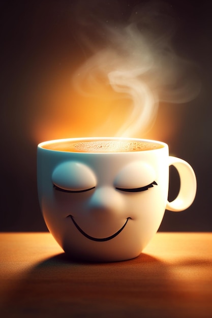 A coffee mug with a face that says " happy coffee " on it.