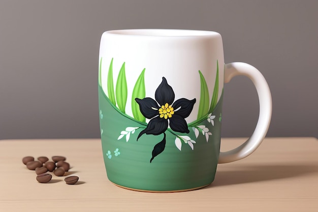 a coffee mug with a flower painted on it sits on a table