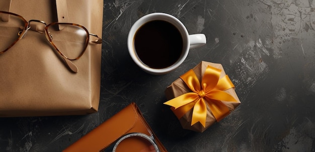 a coffee mug with a gold bow on it sits on a marble table