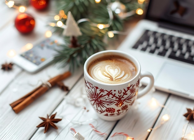 a coffee mug with a heart on it sits next to a christmas tree