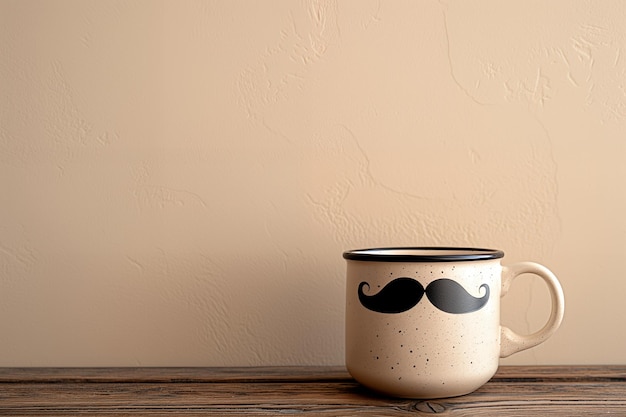 Coffee Mug with Mustache Design on Wooden Table Against a Beige Background