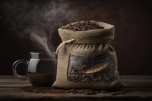 Coffee mug with smoke and a burlap bag of coffee beans