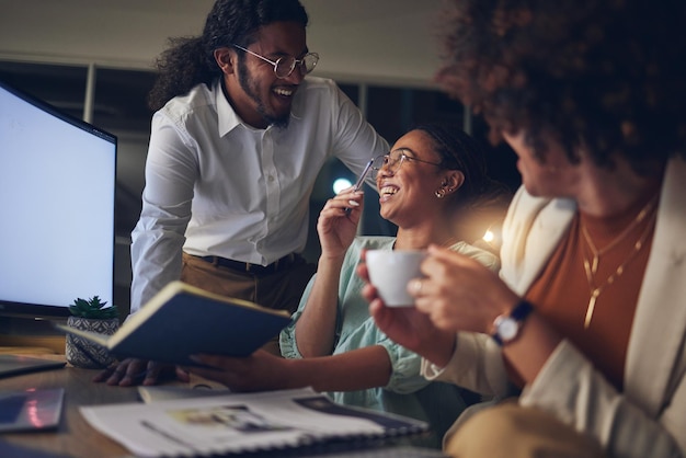 Coffee office and business team at night in coworking company with work idea and relax Happy group tea and staff with drink and latte with creative work ideas and employee with strategy planning