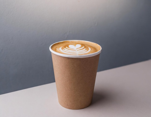 Coffee in a paper cup with latte art on table in coffee shop