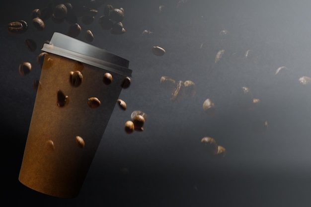 Coffee paper cups with coffee beans on a dark background. Pattern and creative background concept for cafes.