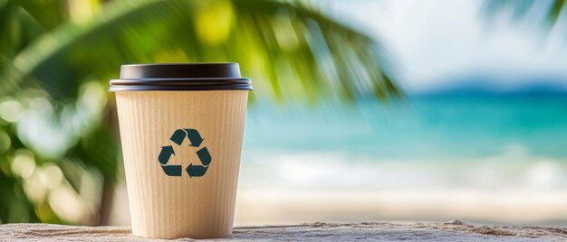 Photo coffee in paper with recycle sign cup nature background