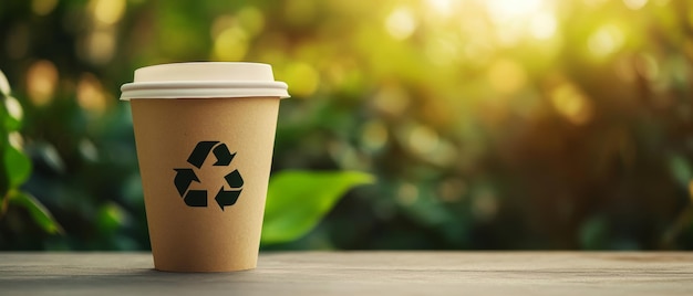 Photo coffee in paper with recycle sign cup nature background