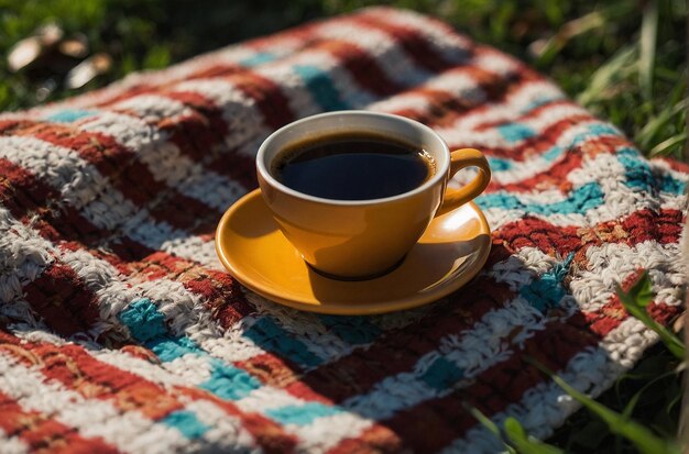 Coffee on a picnic blanket in a park