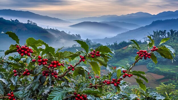 Photo coffee plants with lush glossy leaves