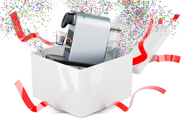 Coffee pod machine inside gift box gift concept 3D rendering