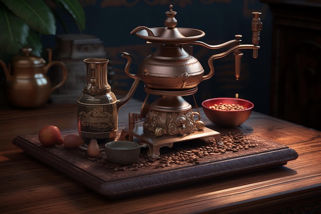 A coffee pot and a bowl of coffee beans