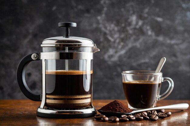 a coffee pot and a cup of coffee on a table