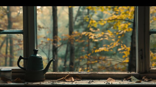 Photo coffee pot on forest view windowsill