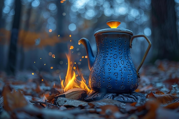 Coffee pot sitting on the fire in the forest high quality high resolution