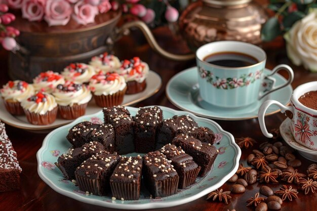 Coffee pot with cup and saucer of cakes