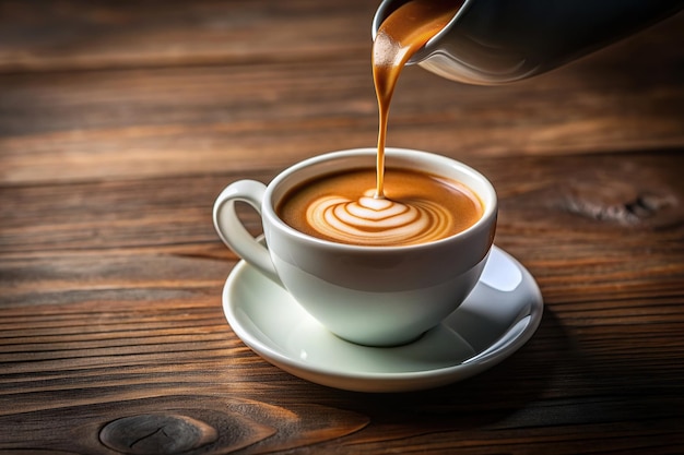 Coffee pour with perfectly forming crema in a cup capturing the medium shot delicious aromatic freshness artisan gourmet aroma closeup professional hot drink pouring