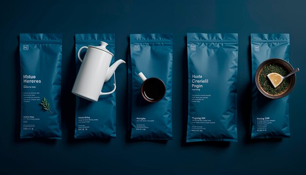 Photo coffee product packaging presentation on dark cadet blue background