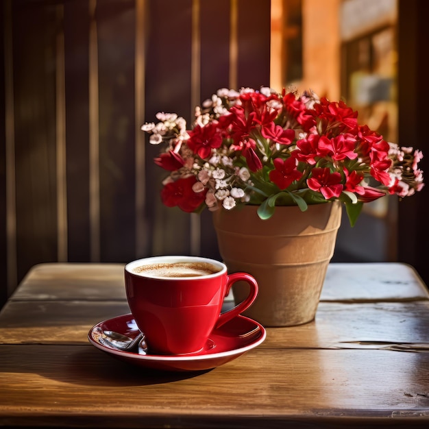 Coffee in red cup on wooden table in cafe with flo