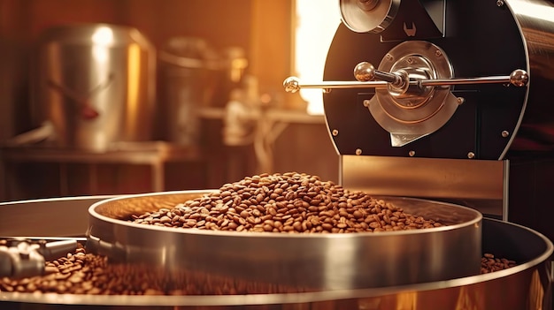 Coffee roaster Aromatic coffee beans situating in modern equipment with grain chiller Coffee Bean Roaster Machine Industry concept Generative Ai