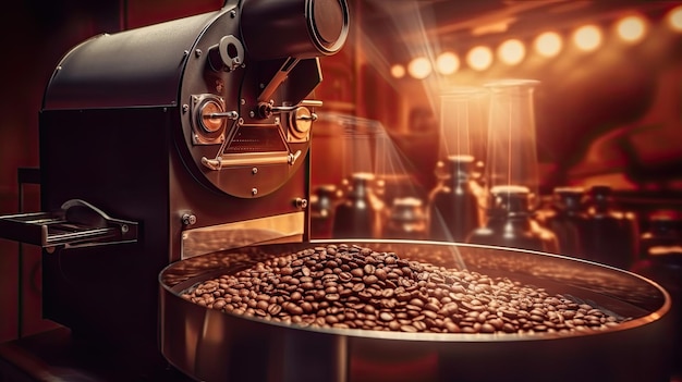 Coffee roaster Aromatic coffee beans situating in modern equipment with grain chiller Coffee Bean Roaster Machine Industry concept Generative Ai