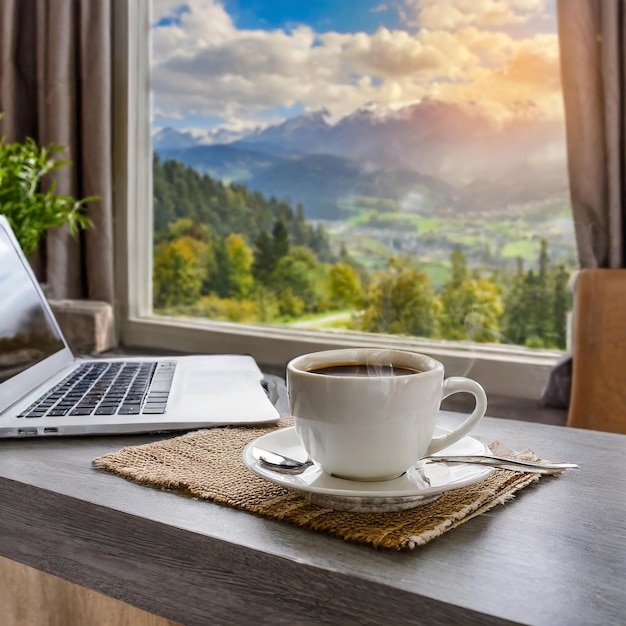 coffee in room laptop desk with window view