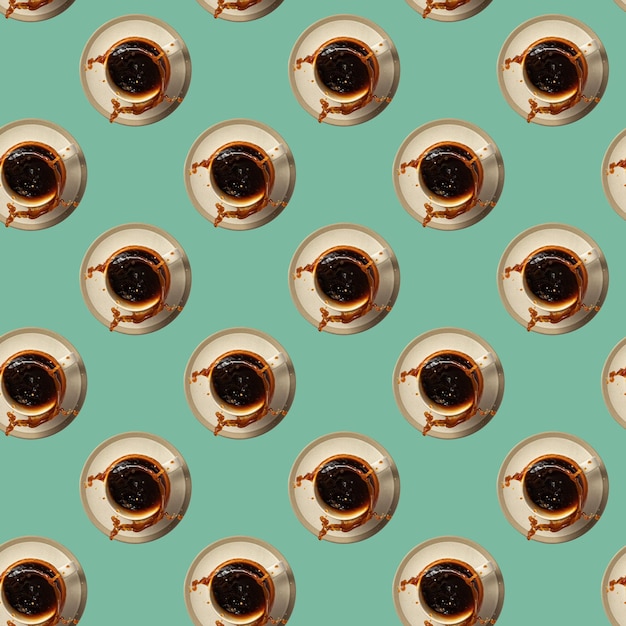 Coffee seamless pattern of a cup of espresso spilling out of a cup on green flat lay creative