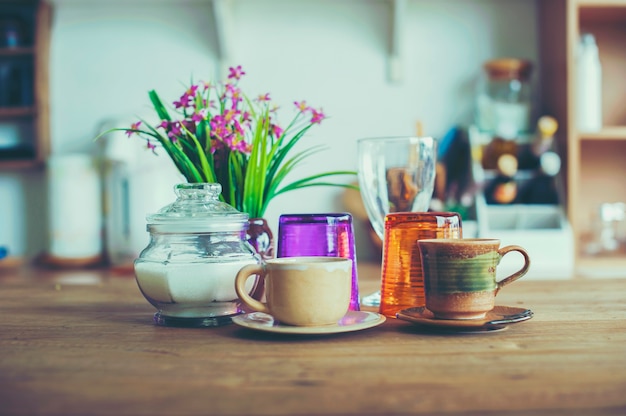 Coffee Set on Wood Table Copyspace for text Kitchen on the background