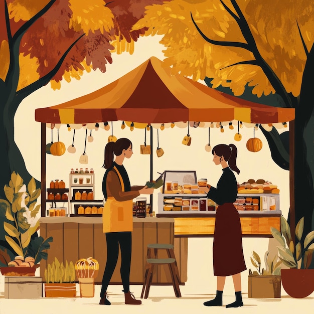 Coffee shop in autumn season vector illustration People buying and selling buns and coffee