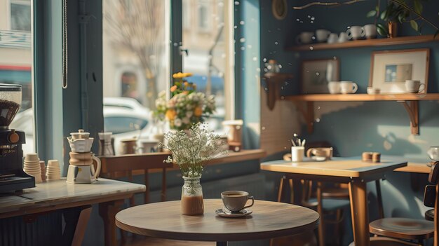 Coffee shop background Cup of coffee on table in cafe High quality AI generated image