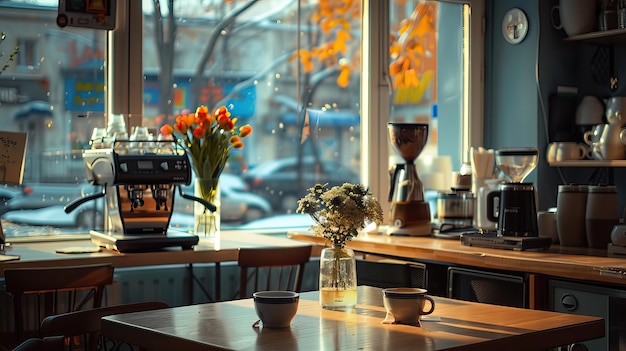 Coffee shop background Cup of coffee on table in cafe High quality AI generated image