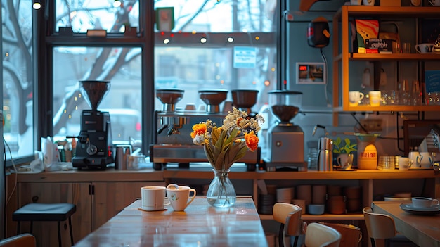 Coffee shop background Cup of coffee on table in cafe High quality AI generated image